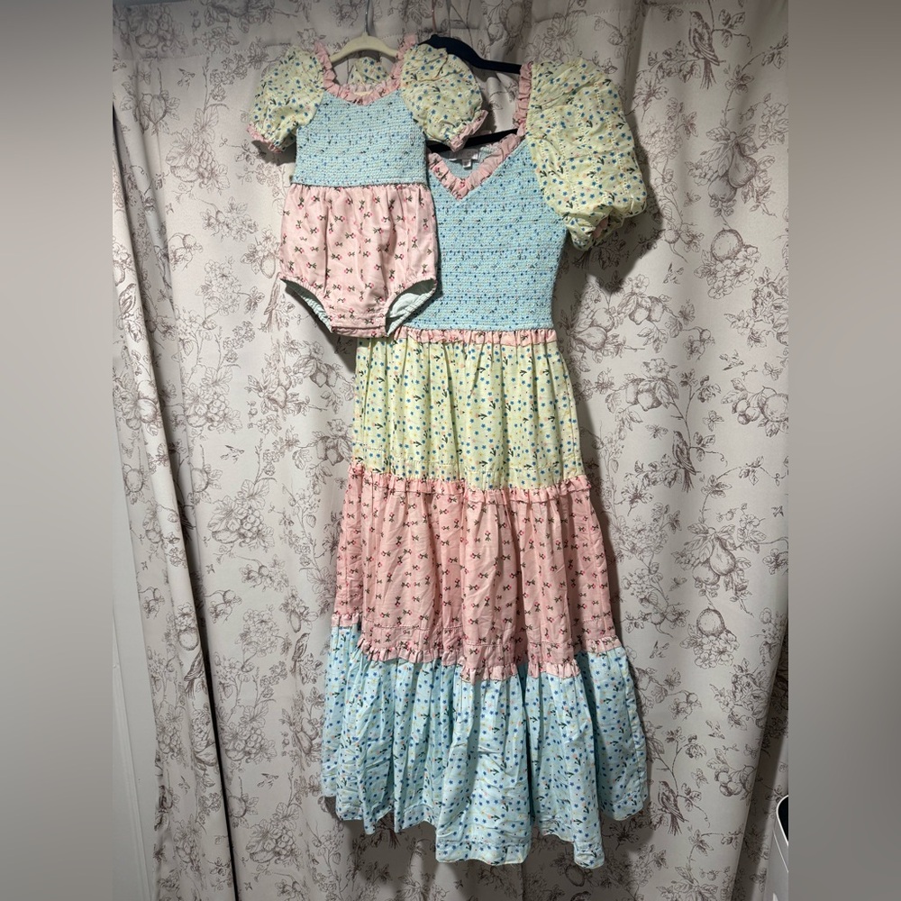 Floral Patchwork Dress and Baby Romper Set